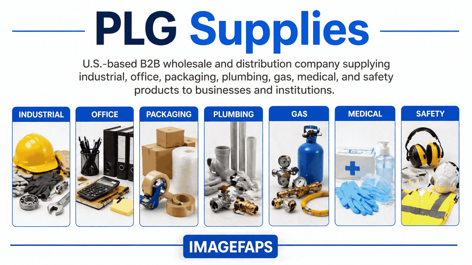 PLG Supplies B2B wholesale catalog showing industrial, office, packaging, plumbing, gas, and medical supply solutions for businesses