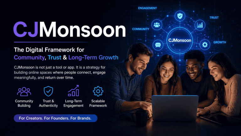CJMonsoon digital framework banner showing a diverse team collaborating on a laptop with icons for community, trust, engagement, and long-term growth in a high-resolution modern tech design.