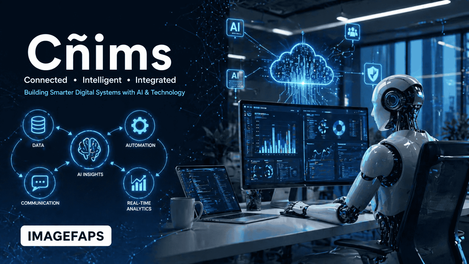 Cñims digital framework showing data, automation, communication, and real-time workflow integration in a modern business system