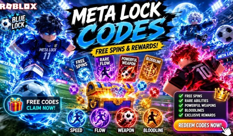 Meta Lock Codes Roblox gameplay showing football action, free spins, rare Flow abilities, Weapon skills, Bloodline upgrades, and character customization rewards.