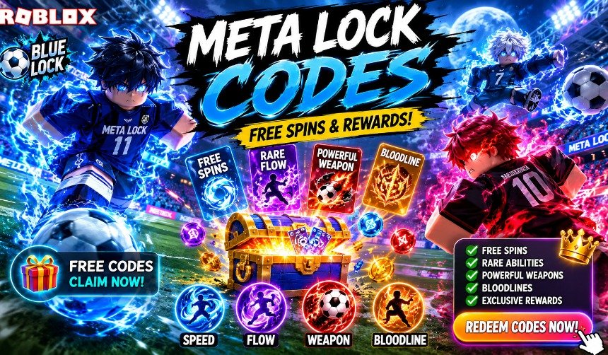 Meta Lock Codes Roblox gameplay showing football action, free spins, rare Flow abilities, Weapon skills, Bloodline upgrades, and character customization rewards.