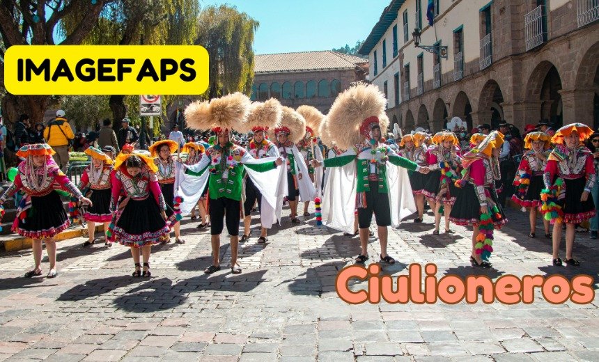Ciulioneros cultural tradition with historical clothing, community celebration, music, and heritage atmosphere in realistic style
