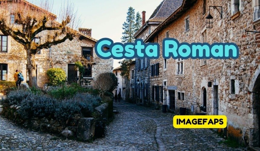 Ancient Cesta Roman stone road stretching through historic European landscape with strong Roman engineering design, preserved pathways, and historical architecture