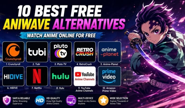 Aniwave Alternatives infographic featuring the 10 best free anime streaming platforms with HD anime content, safe streaming options, mobile-friendly viewing, and high-quality anime entertainment.
