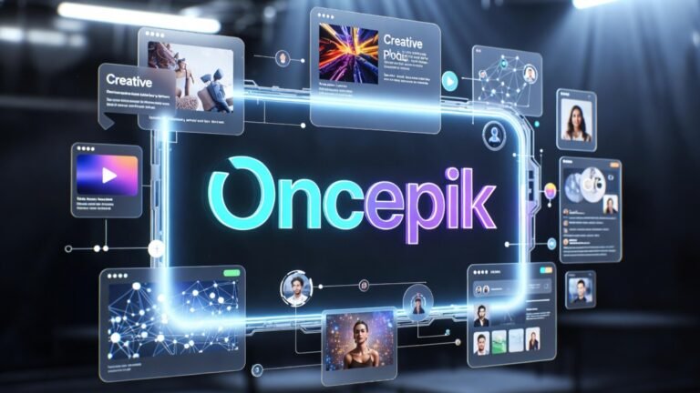 Oncepik modern digital platform with futuristic technology interface, creative branding, online communication, and connected digital community in realistic 8K style