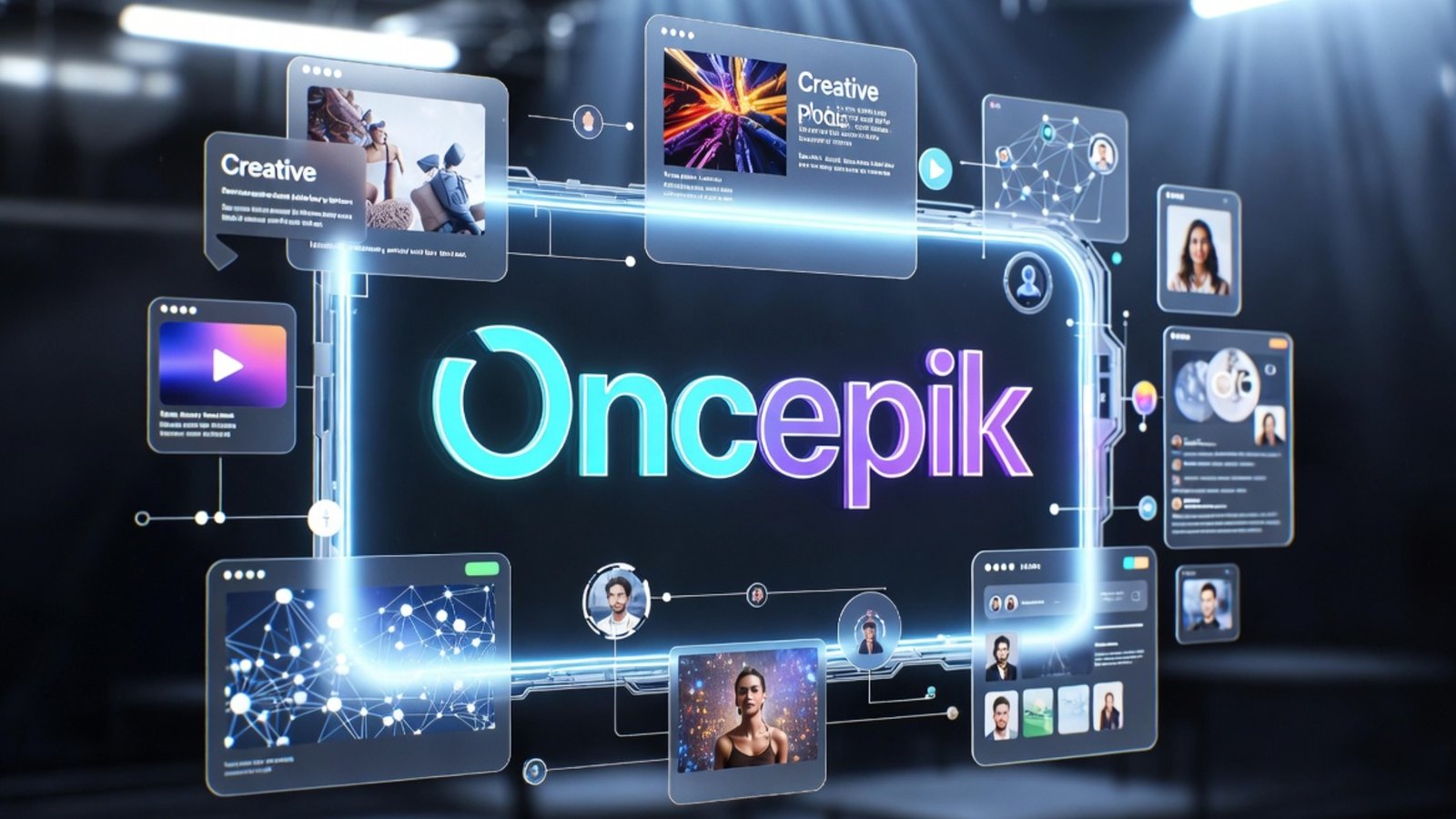 Oncepik modern digital platform with futuristic technology interface, creative branding, online communication, and connected digital community in realistic 8K style