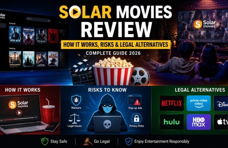 Modern illustration of online movie streaming using Solar Movies with movies, TV shows, streaming devices, and digital entertainment icons.