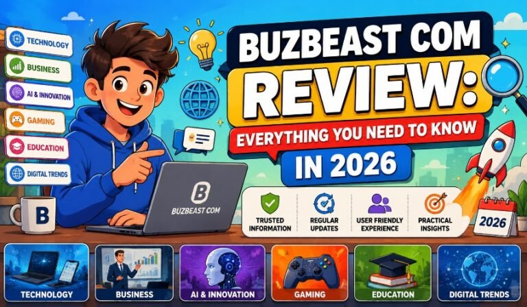 Professional digital dashboard representing Buzbeast Com with technology news, AI, business insights, gaming, online resources, and educational content in a modern interface.