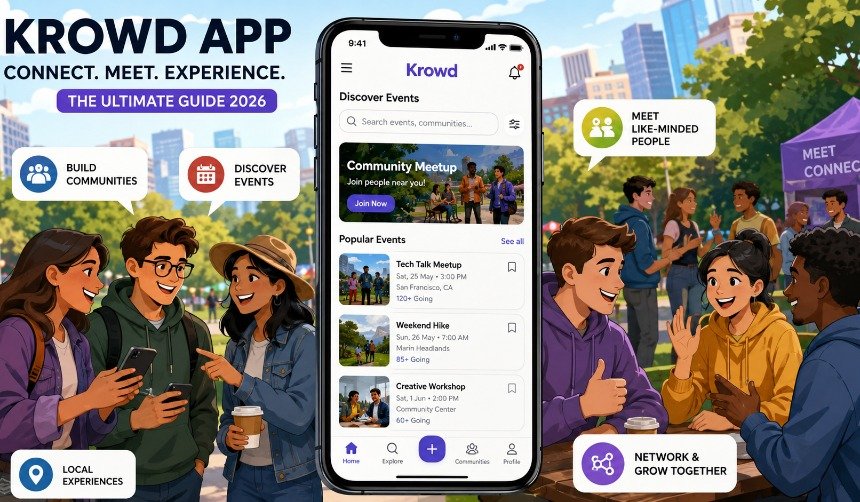 Modern realistic-cartoon illustration showing people using the Krowd App to discover local events, join communities, and build professional and personal connections in 2026.