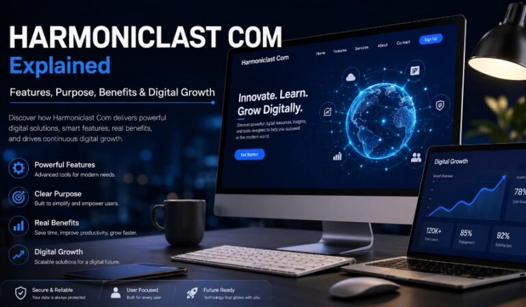 Modern digital workspace showing Harmoniclast Com with technology icons, online resources, educational content, and responsive devices.