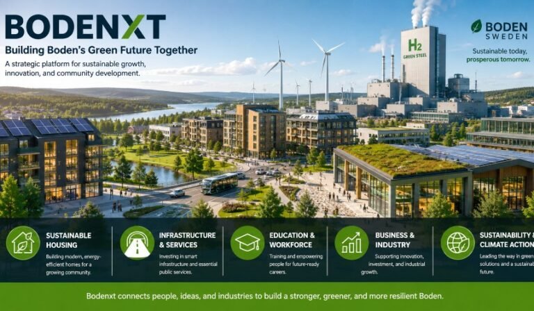 Bodenxt sustainable city development project showing green infrastructure, smart urban planning, renewable energy systems, modern housing, and industrial innovation in Boden, Sweden.