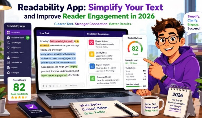 Writer using a readability app to simplify text, improve readability scores, and optimize content for readers and search engines.