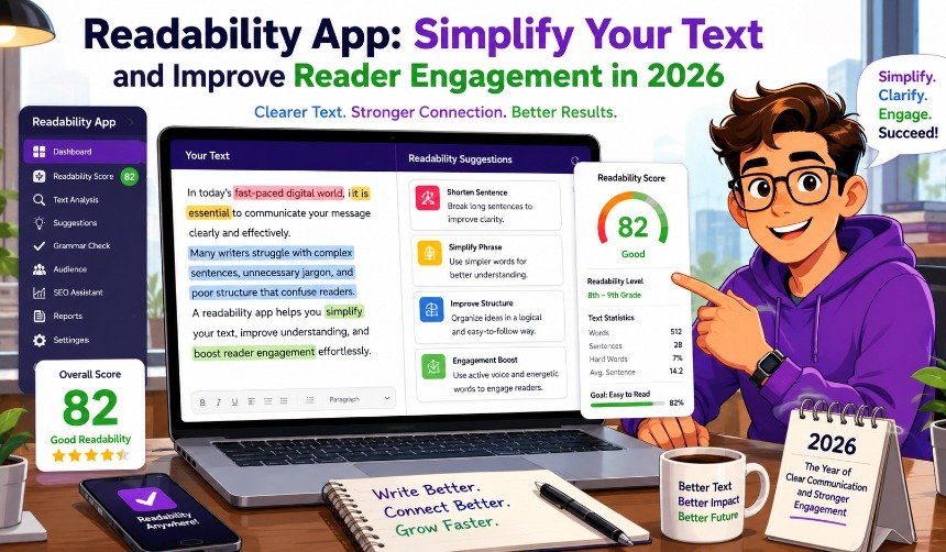 Writer using a readability app to simplify text, improve readability scores, and optimize content for readers and search engines.