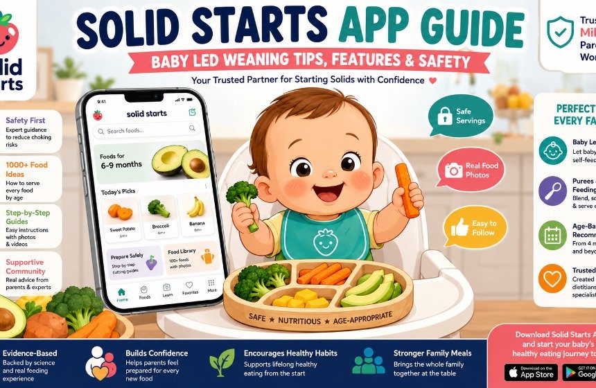Parent using the Solid Starts App to safely prepare first foods for a baby during baby led weaning in 2026.