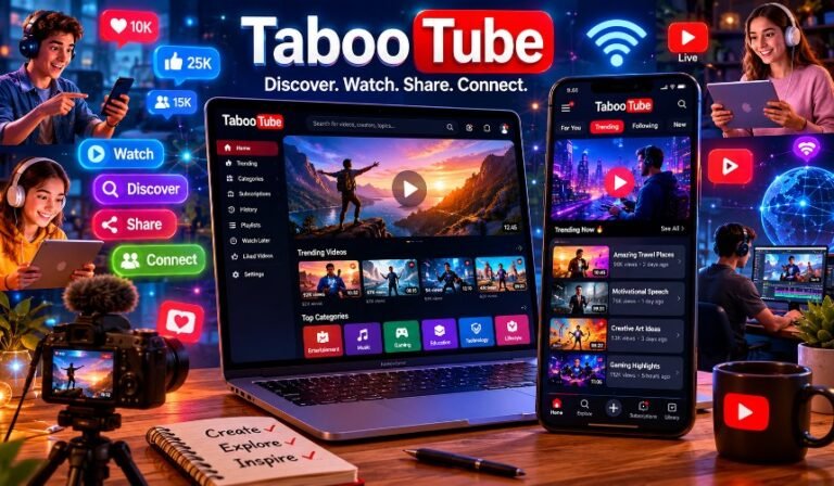 TabooTube video sharing platform interface with creators uploading videos, users browsing content, digital streaming technology, and online community engagement.