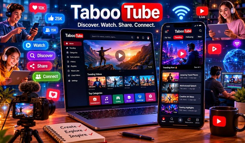 TabooTube video sharing platform interface with creators uploading videos, users browsing content, digital streaming technology, and online community engagement.