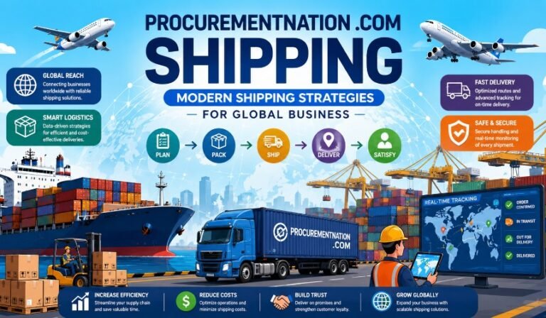 Modern global shipping and supply chain dashboard showing freight transportation, warehouse operations, shipment tracking, and logistics management connected through Procurementnation .com Shipping.