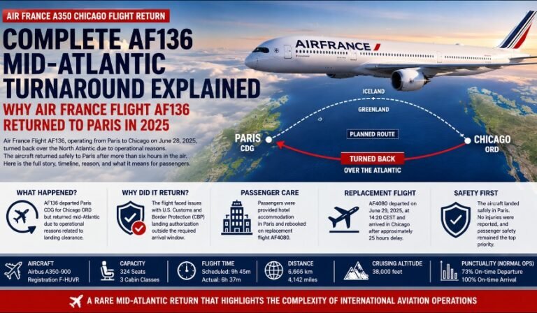 Air France Airbus A350-900 flying over the North Atlantic before returning to Paris during the AF136 Chicago flight incident.