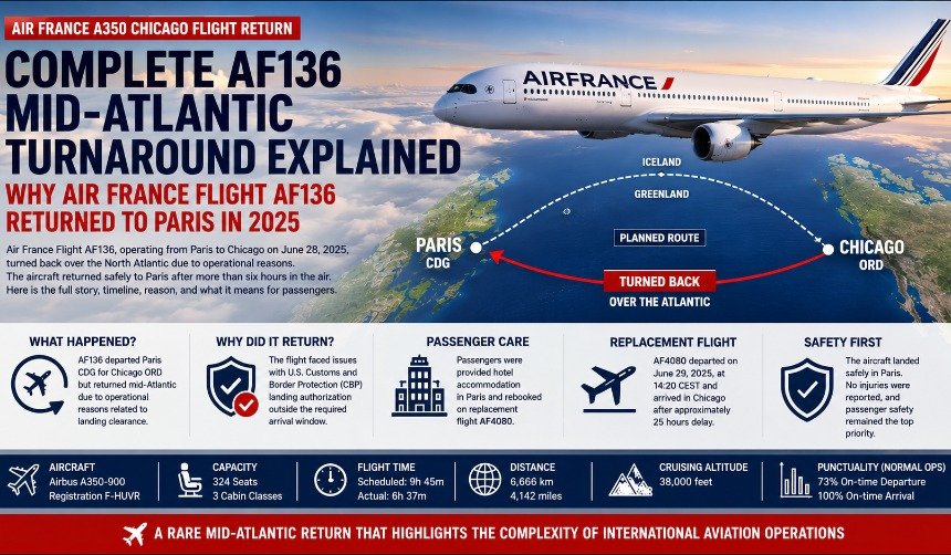 Air France Airbus A350-900 flying over the North Atlantic before returning to Paris during the AF136 Chicago flight incident.