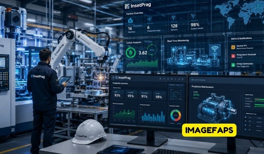 InsetPrag smart manufacturing platform showing Industry 4.0 automation, CNC machining technology, industrial analytics dashboards, digital twin systems, and modern factory operations.