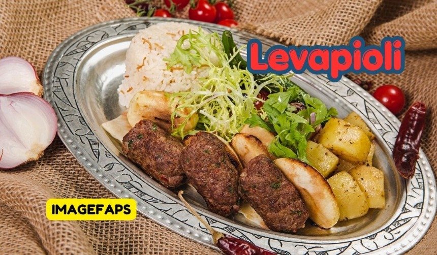 Levapioli grilled meat rolls served with Balkan flatbread, fresh onions, ajvar sauce, and traditional side dishes on a rustic wooden table.