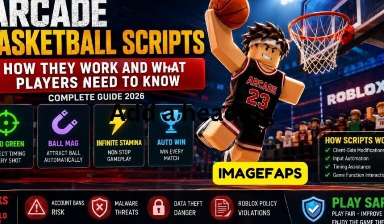 Arcade Basketball Scripts illustration featuring a Roblox-style basketball player performing a slam dunk on a professional court, with visual elements representing Auto Green, Ball Mag, Infinite Stamina, gameplay risks, security awareness, and competitive Roblox basketball mechanics.