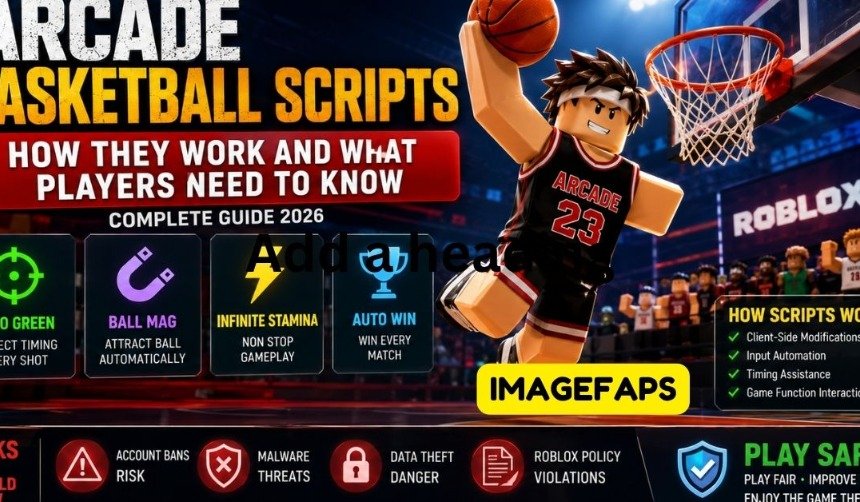 Arcade Basketball Scripts illustration featuring a Roblox-style basketball player performing a slam dunk on a professional court, with visual elements representing Auto Green, Ball Mag, Infinite Stamina, gameplay risks, security awareness, and competitive Roblox basketball mechanics.