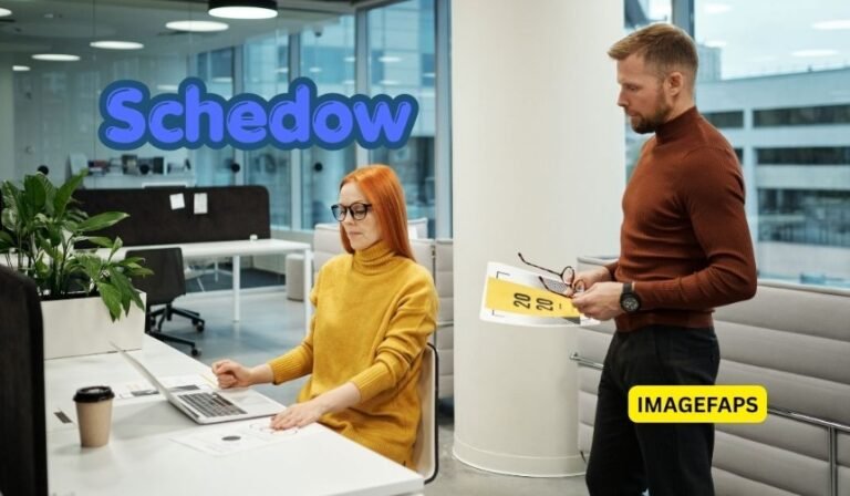 Schedow: The Ultimate AI Scheduling Solution for Modern Productivity cartoon illustration showing an AI-powered scheduling platform with smart calendar automation, task management dashboards, cloud synchronization, and professionals improving productivity through intelligent time planning.