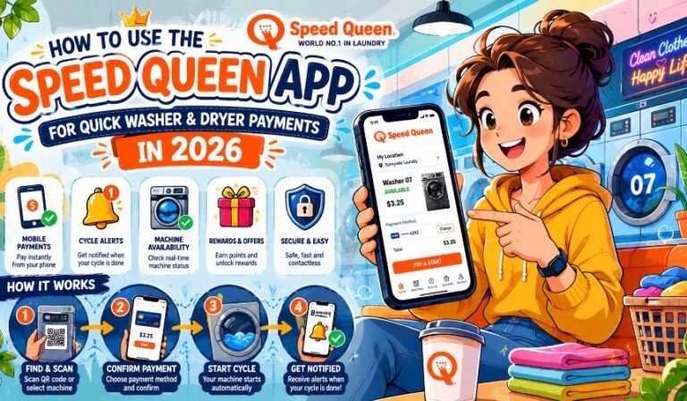 User paying for a washer using the Speed Queen App on a smartphone in a modern laundromat.