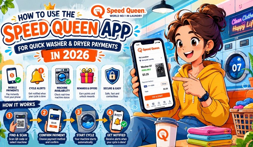 User paying for a washer using the Speed Queen App on a smartphone in a modern laundromat.