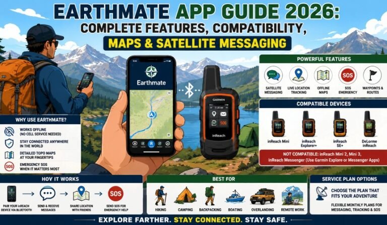 Hiker using the Earthmate App with a Garmin inReach device for offline navigation and satellite messaging in a remote mountain location.