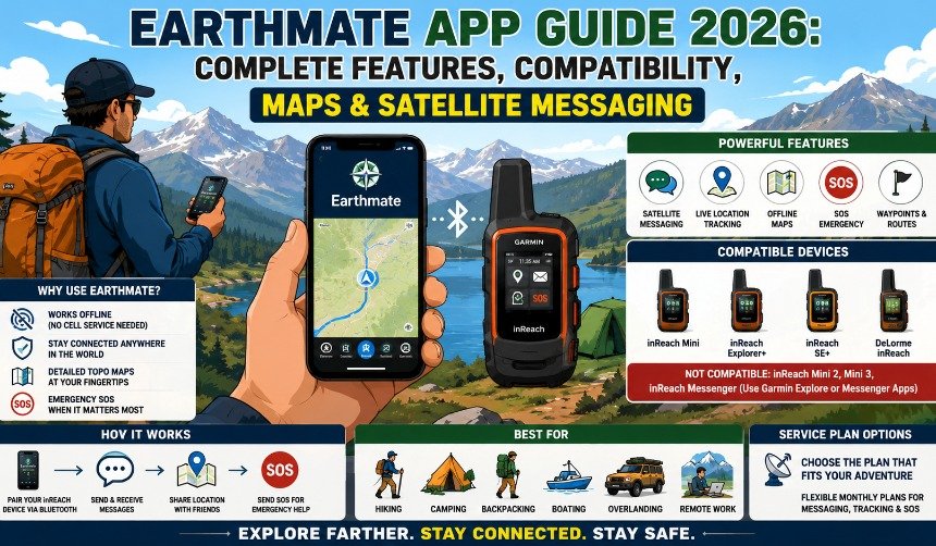 Hiker using the Earthmate App with a Garmin inReach device for offline navigation and satellite messaging in a remote mountain location.