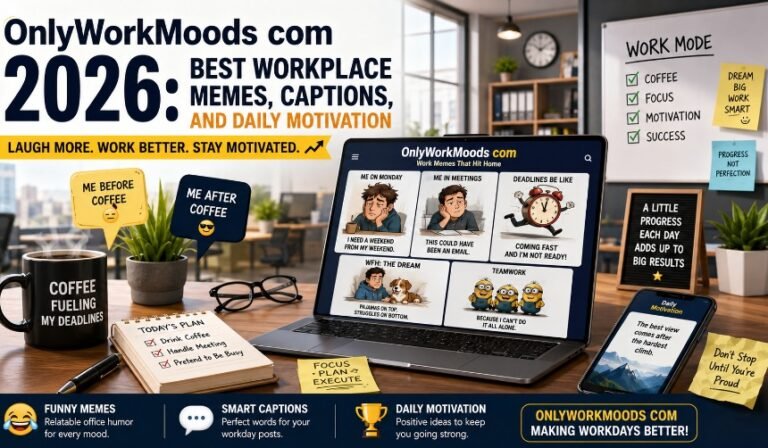 A colorful cartoon-style office scene featuring coworkers laughing while viewing funny work memes and motivational office mood captions on a large digital screen.