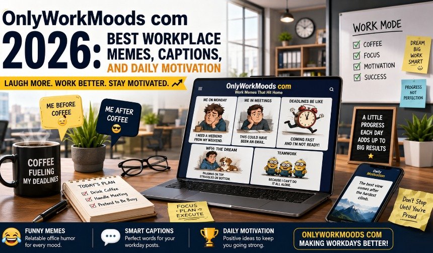A colorful cartoon-style office scene featuring coworkers laughing while viewing funny work memes and motivational office mood captions on a large digital screen.