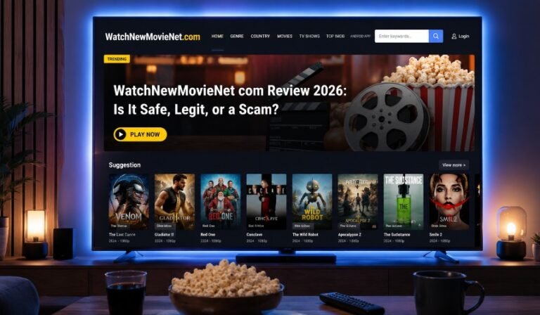 Modern illustration of a user exploring WatchNewMovieNet com on a laptop while comparing safe and legal online movie streaming platforms in 2026.