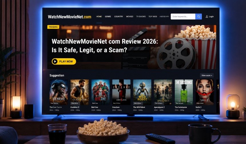 Modern illustration of a user exploring WatchNewMovieNet com on a laptop while comparing safe and legal online movie streaming platforms in 2026.