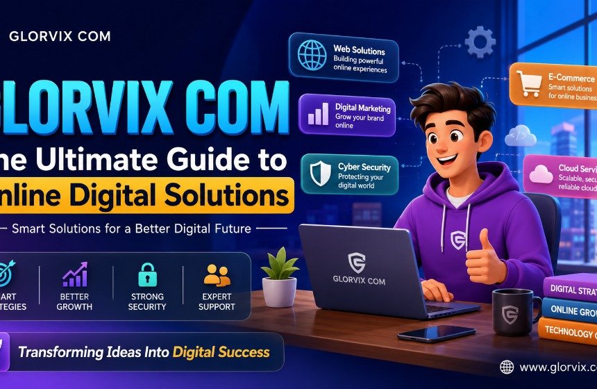 Professional illustration of the Glorvix Com digital platform interface showing modern online services, business tools, analytics dashboard, secure cloud technology, and productivity features.