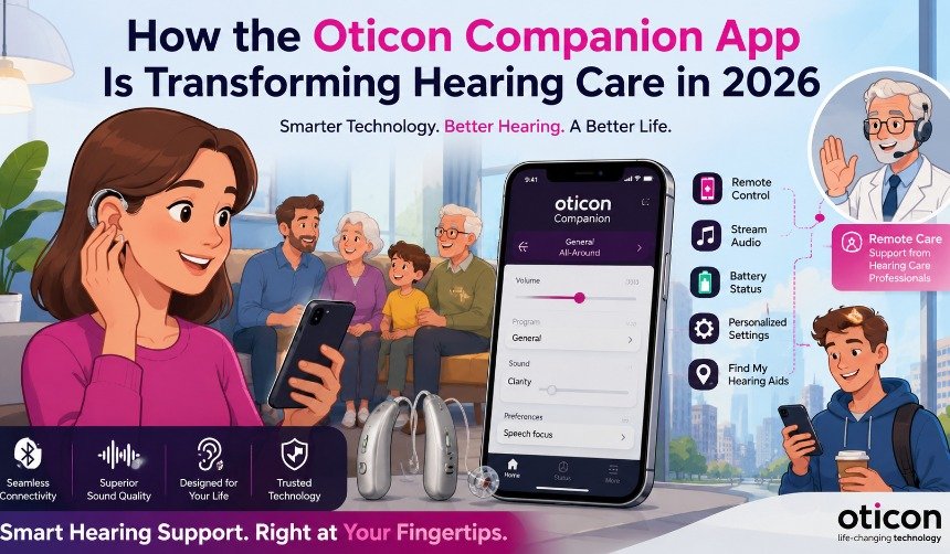 User controlling Oticon hearing aids through the Oticon Companion App on a smartphone with Bluetooth connectivity and hearing support features.