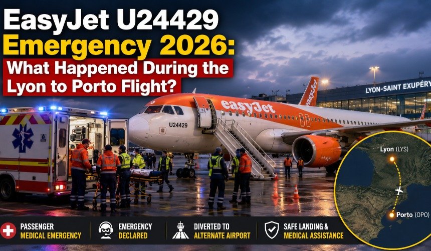 EasyJet Flight U24429 emergency diversion in 2026 showing an EasyJet Airbus aircraft making a precautionary landing after a passenger incident during the Lyon to Porto route.