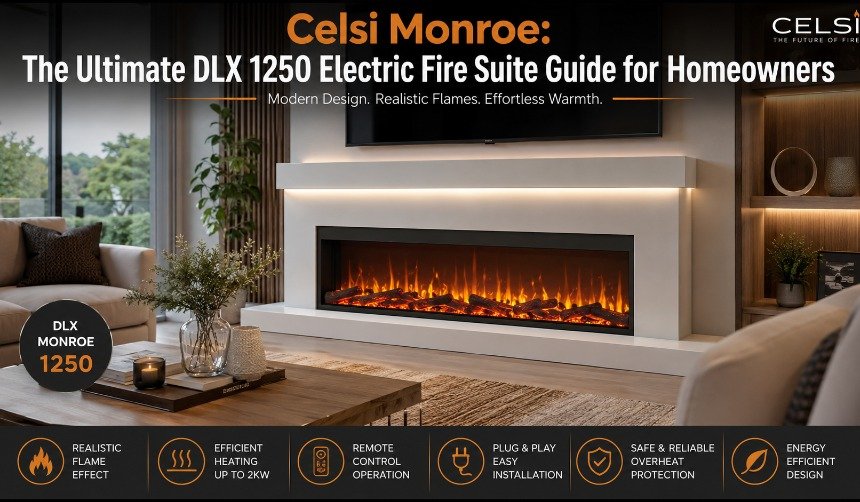 Celsi Monroe DLX 1250 Electric Fire Suite installed in a stylish modern living room with realistic flame effects and premium fireplace surround.