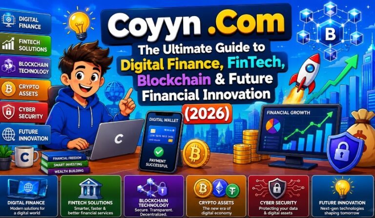 Modern digital finance dashboard representing Coyyn .Com with blockchain technology, digital payments, online banking, cryptocurrency, AI finance, cybersecurity, and business financial analytics.