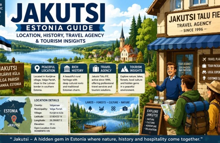 Scenic illustration of Jakutsi in Valga Parish, Estonia, featuring peaceful countryside, forests, lakes, and a travel agency theme.