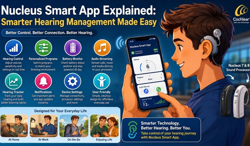 Cochlear implant user managing Nucleus 7 and Nucleus 8 sound processor settings through the Nucleus Smart App on a smartphone.