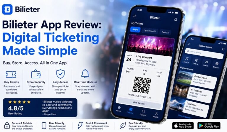 Bilieter App Review: Digital Ticketing Made Simple featuring a smartphone displaying digital event tickets, secure QR code access, mobile ticket management, and modern event technology.