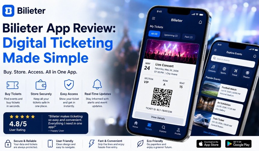 Bilieter App Review: Digital Ticketing Made Simple featuring a smartphone displaying digital event tickets, secure QR code access, mobile ticket management, and modern event technology.