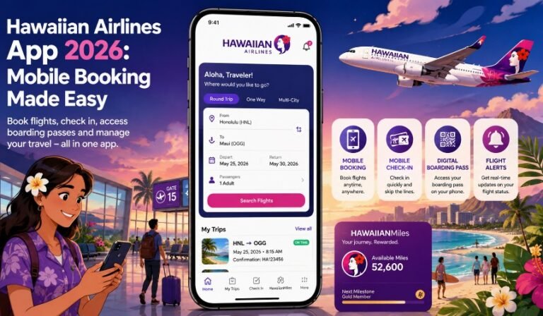 Realistic cartoon-style illustration of a traveler using the Hawaiian Airlines App on a smartphone to book flights, check in online, manage reservations, and access a digital boarding pass at a modern airport in 2026.