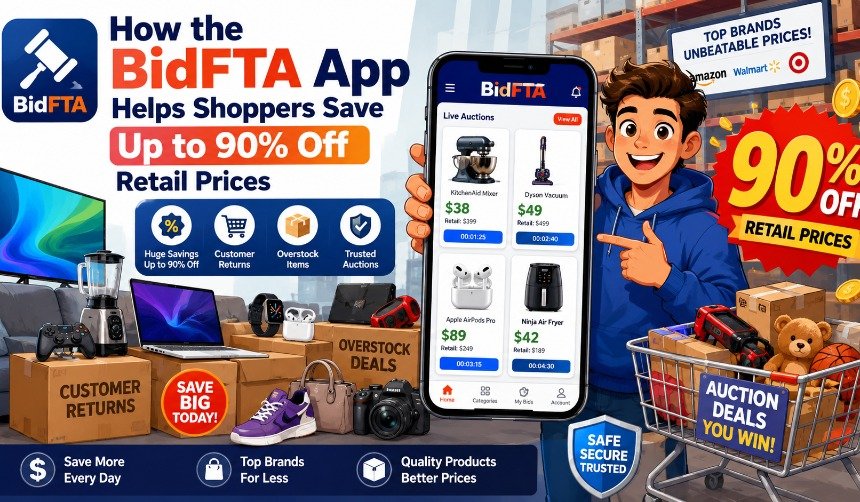 Shopper using the BidFTA Mobile App to bid on customer returns and overstock products at discounted auction prices.