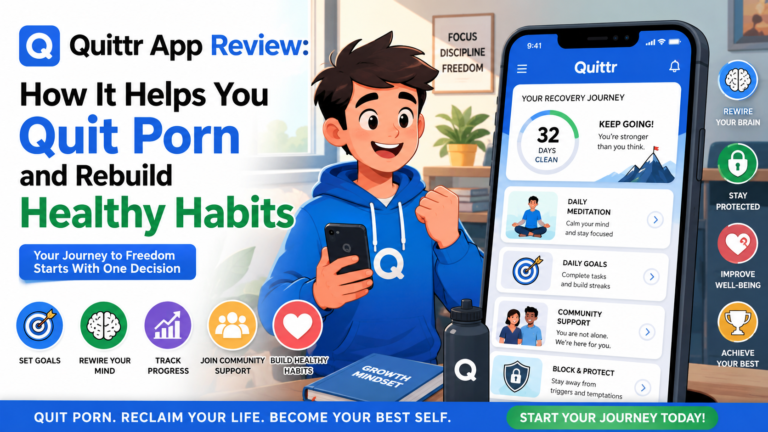 A person using the Quittr app on a smartphone to track recovery progress, daily streaks, and healthy habits in a modern home setting.