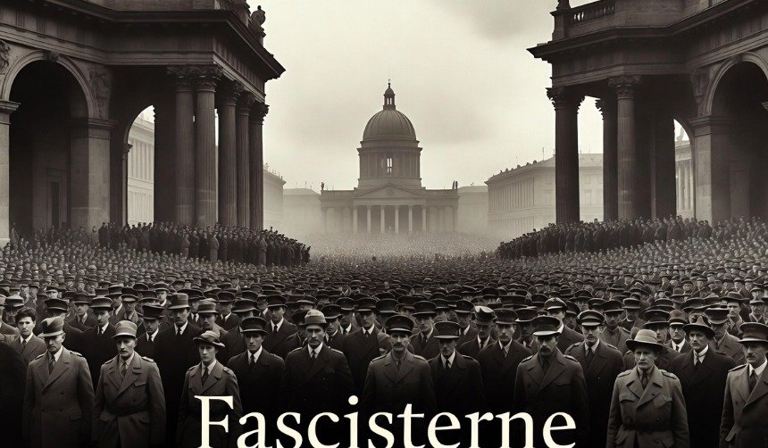 Historical Fascisterne political movement, public gathering, nationalist symbolism, historical leadership, European political history, and twentieth-century ideological influence.