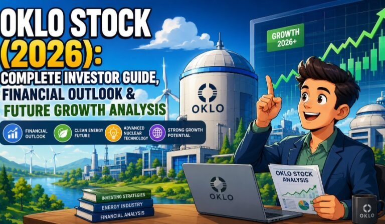 Modern illustration of Oklo's advanced small modular nuclear reactor with clean energy, stock market charts, investors, and sustainable power technology